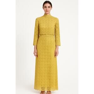 American vintage OOAK chic yellow crochet gemstone high neck maxi dress medium